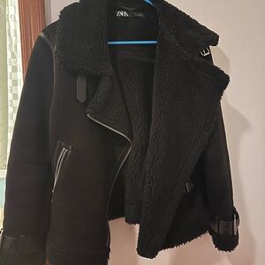 Zara Black Faux Shearling Biker Jacket